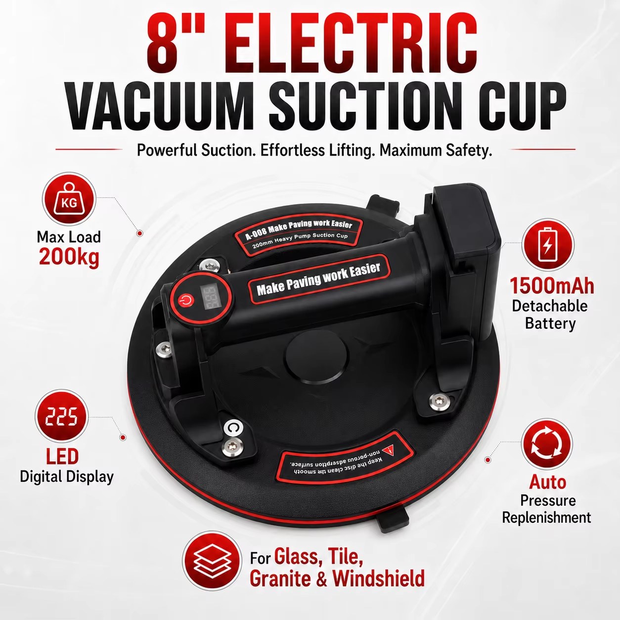 8-inch Electric Vacuum Suction Lifter, 200kg, Handheld electric vacuum lifter, round cup, 8 in (203 mm), 200 kg by OEM (China direct)