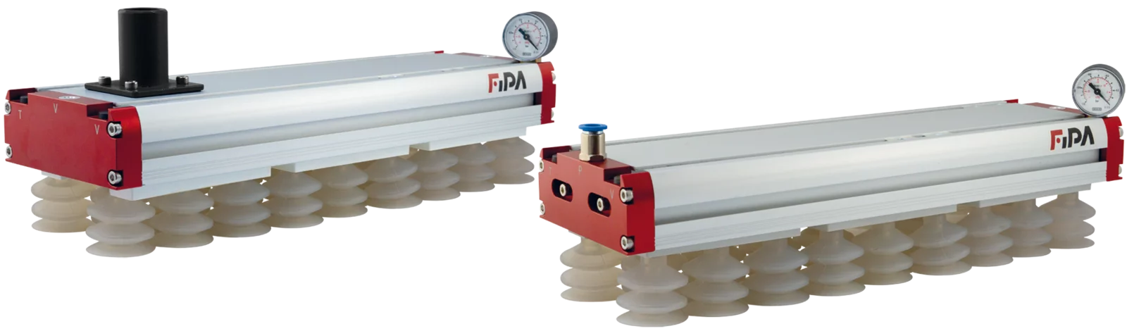 Area gripper FSG 988 mm, with internal ejectors, check valves, cups Ø40 mm SI, area gripper 130 with plug in vacuum cups diameter 40 mm by FIPA